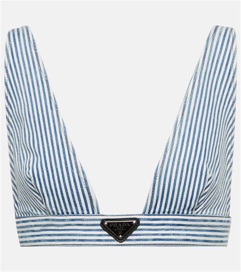 prada striped denim|Prada denim bralette.